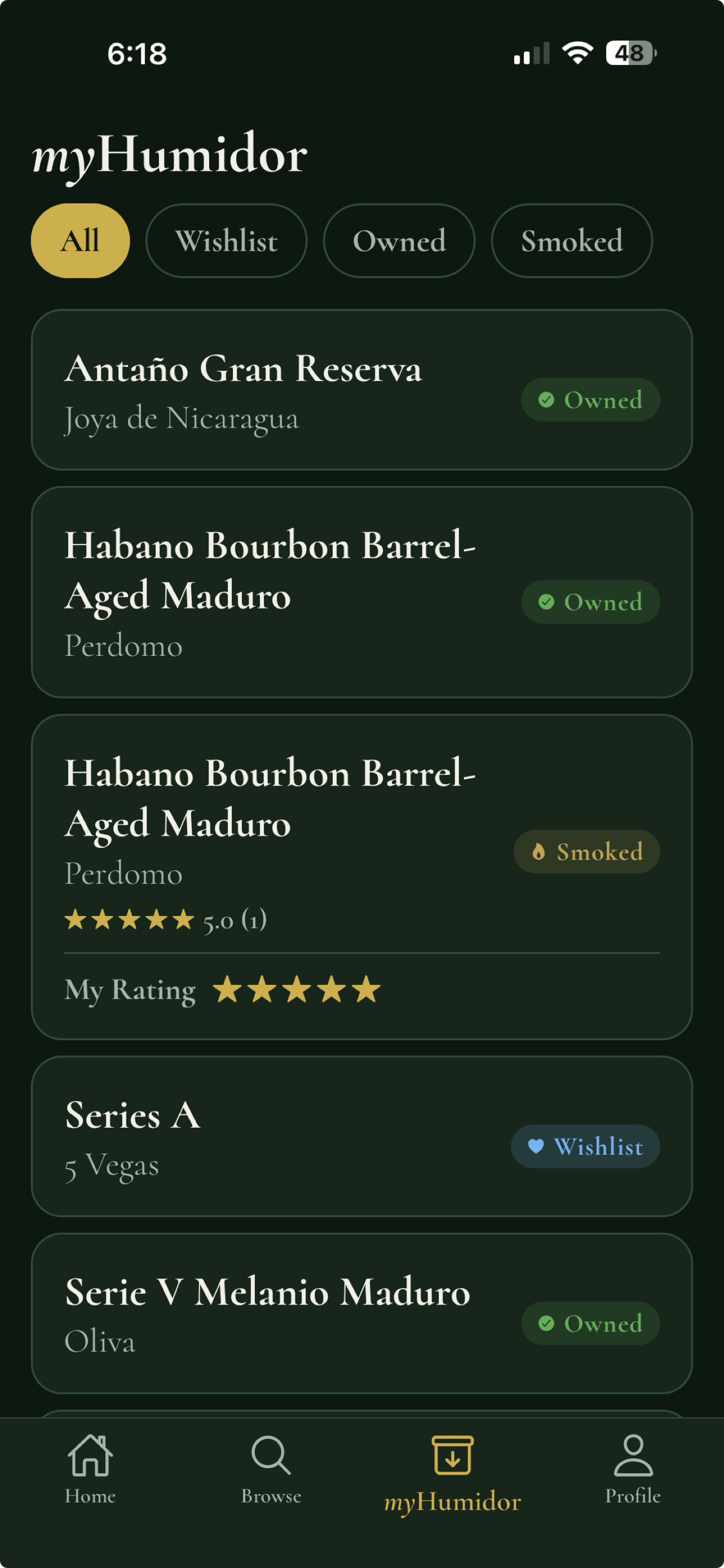 Humidor screen showing cigars tagged Owned, Wishlist, and Logged with star ratings
