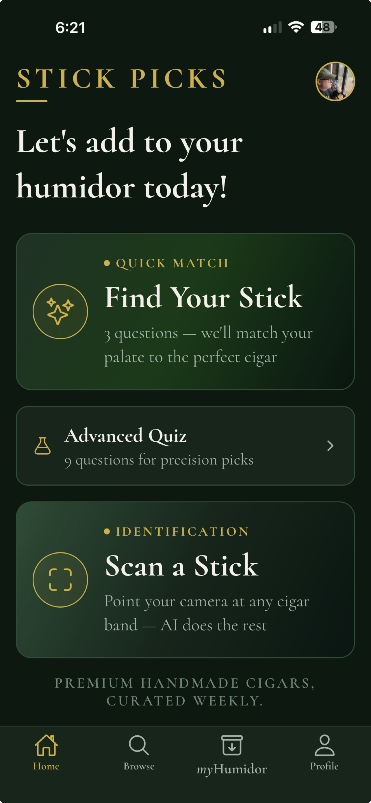 Stick Picks home screen showing Profile Match, Detailed Match, and Identify by Band options