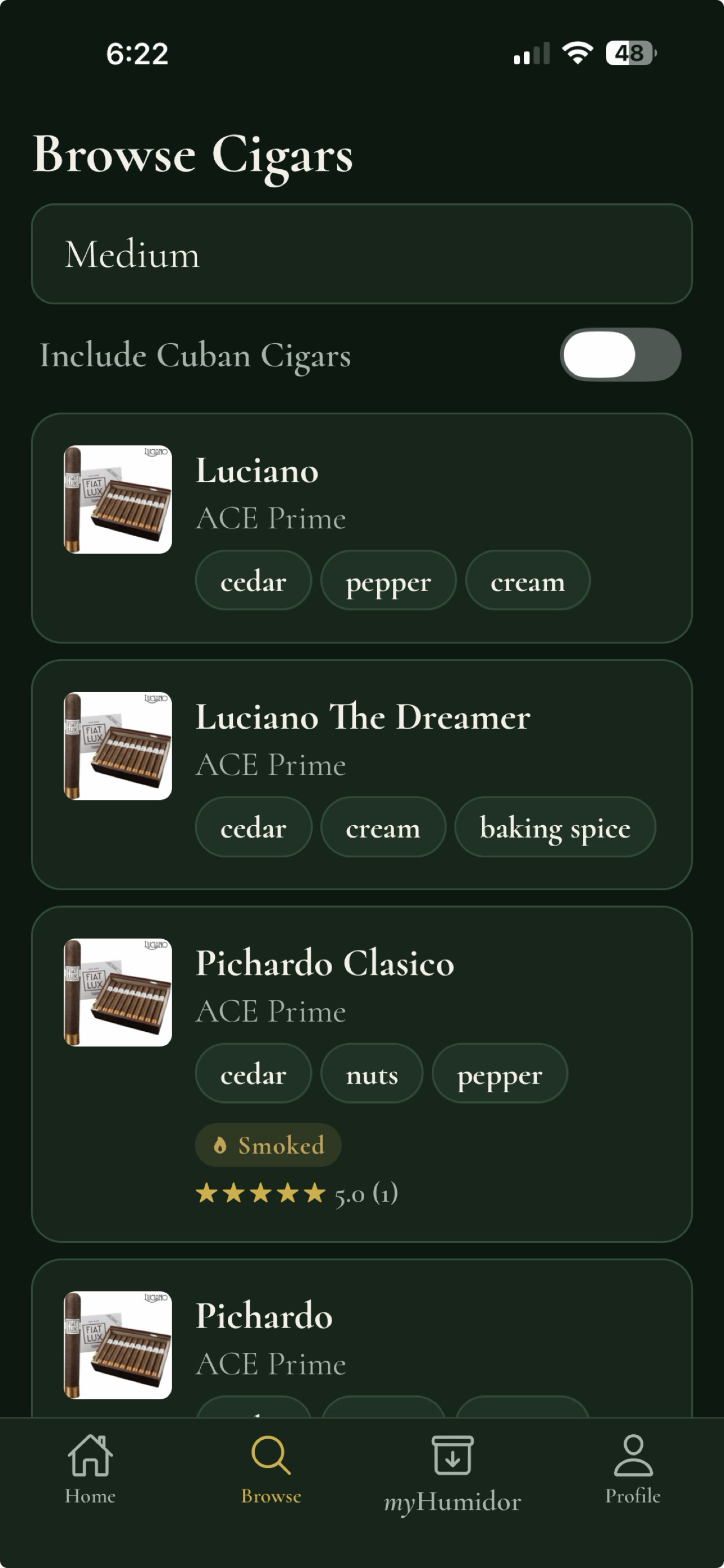 Browse Cigars filtered by Medium strength, showing cigars with flavor tags like cedar, pepper, and cream