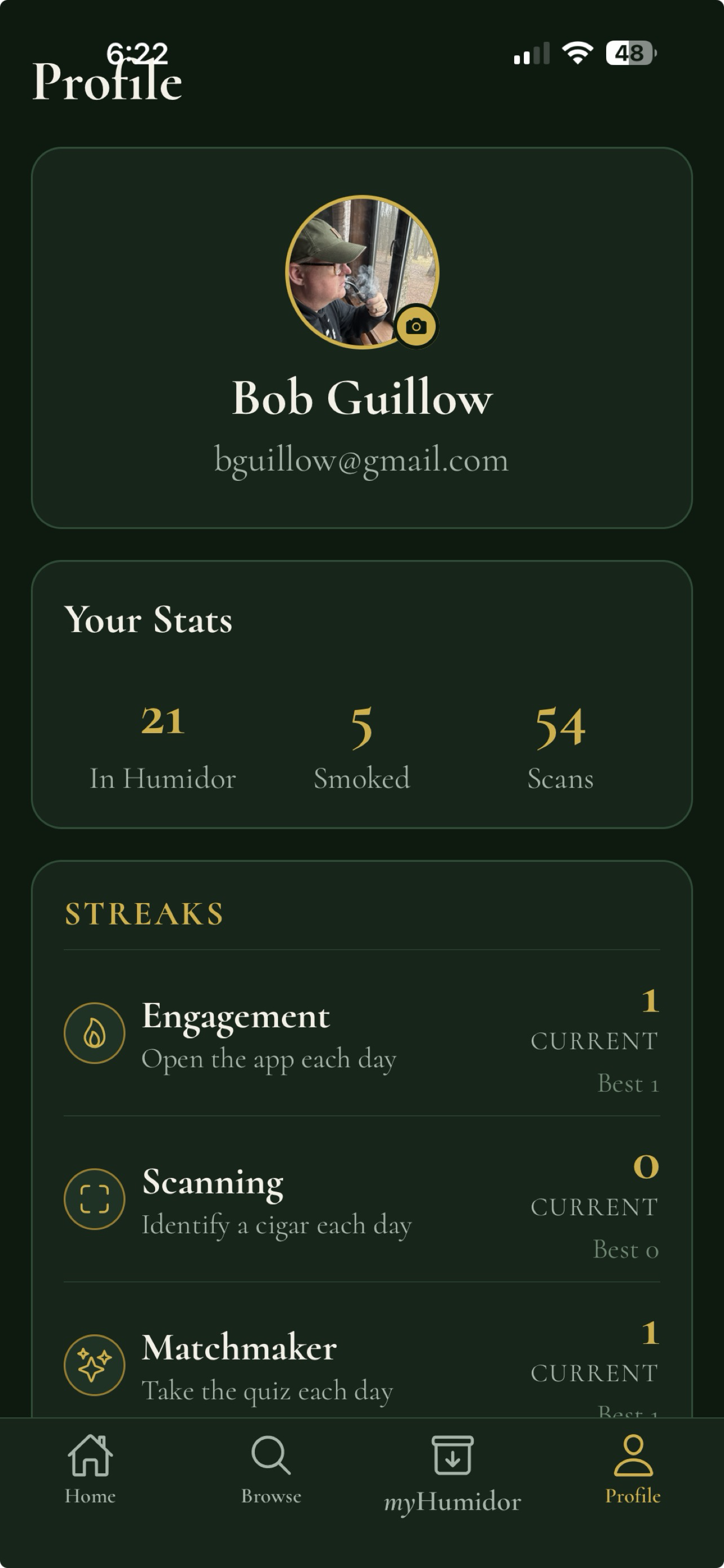 Profile screen showing humidor stats — cigars owned, cigars logged, and scans completed